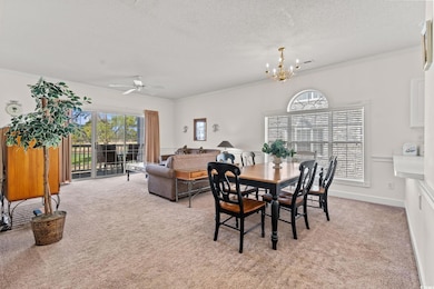 Dining area with baseboards, light colored carpet,