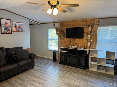 Living room with crown molding, wood finished floors, a textured ceiling, ceiling fan, and vaulted ceiling