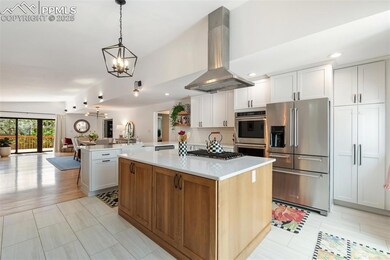 Kitchen with appliances with stainless steel finishes, island exhaust hood, a chandelier, open floor plan, and a peninsula