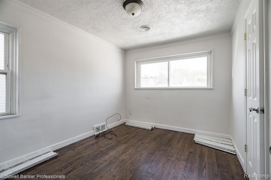Spare room featuring crown molding, dark wood-type flooring, a textured ceiling, and baseboard heating
