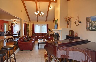 Ceramic tile underscores the dramatic family room,