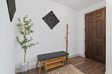 Entryway with dark wood finished floors and baseboards