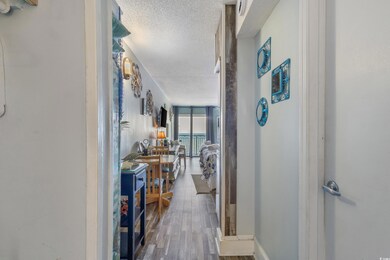 Hallway featuring dark wood-style floors, a textured ceiling, and floor to ceiling windows