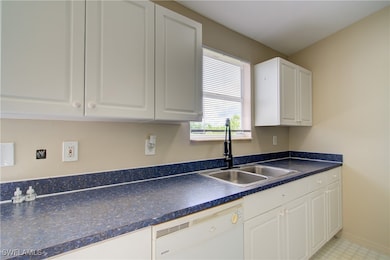 Kitchen with white dishwasher, a sink, white cabin