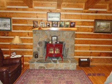 Stone wood burning fire place with wood stove