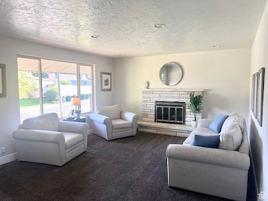 Carpeted living area featuring a stone fireplace and a textured ceiling