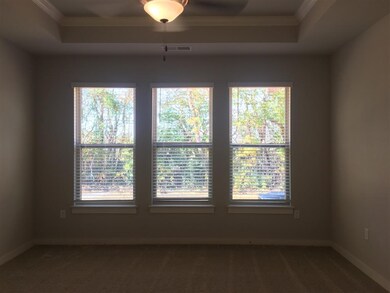 Master bedroom with tray ceiling and crown molding and pretty tree line in the rear