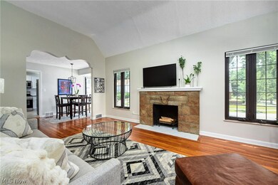 Living room featuring hardwood floors, a fireplace, and vaulted ceiling