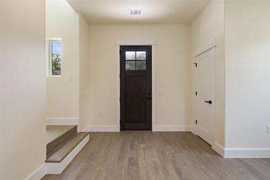 Foyer with visible vents, baseboards, wood finish