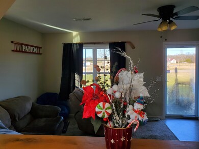The kitchen looks out to the living room.
