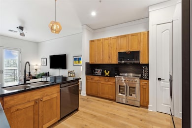 Kitchen with dark countertops, visible vents, deco