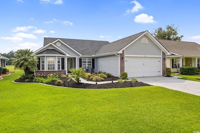 Single story home with brick siding, an attached garage, a front yard, concrete driveway, and a shingled roof