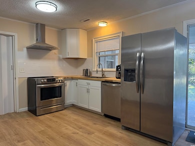 Kitchen with sink, white cabinets, wall chimney ex