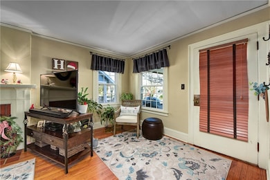Living area with ornamental molding and light hardwood / wood-style floors
