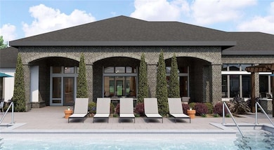 Community pool with a patio