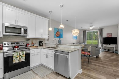 Kitchen with stainless steel appliances, a peninsula, open floor plan, and white cabinetry