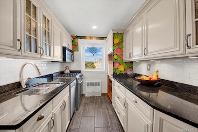 Kitchen featuring dark stone countertops, stainless steel appliances, backsplash, wood finish floors, and recessed lighting