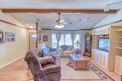 Living room featuring a textured ceiling, light wo