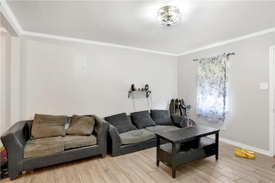 Living area with ornamental molding and light wood finished floors