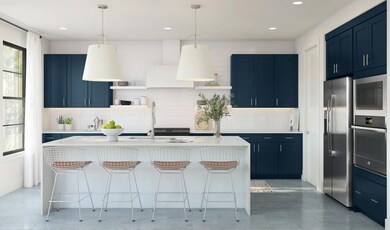 Kitchen with floating shelves and large pendant lights