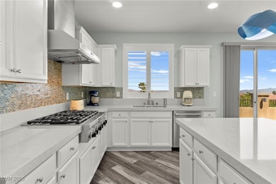 Kitchen with wall chimney exhaust hood, stainless