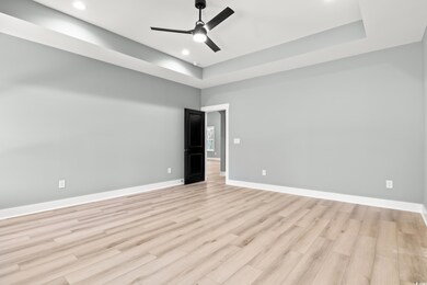 Unfurnished room with a tray ceiling, ceiling fan,