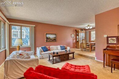 Carpeted living room featuring ceiling fan and a textured ceiling