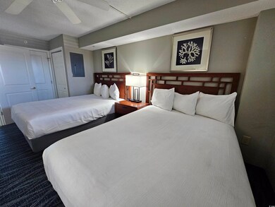 Carpeted bedroom with ceiling fan, electric panel,