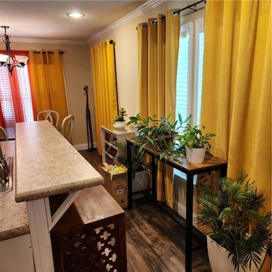 Dining area with baseboards, ornamental molding, d