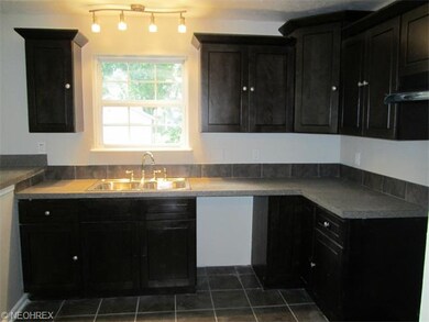 Plenty of cherry colored cabinets, double stainless steel sink.
