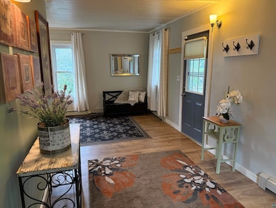 Foyer with a baseboard heating unit, healthy amount of natural light, wood finished floors, wooden ceiling, and ornamental molding