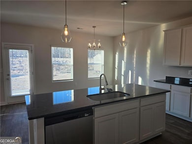 Kitchen with a sink, stainless steel dishwasher, dark wood-type flooring, and a chandelier