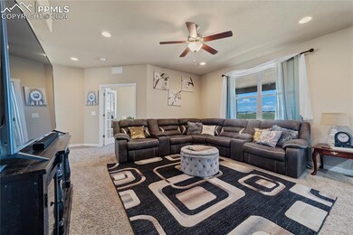 The Living Room features a lighted ceiling fan and neutral carpet.