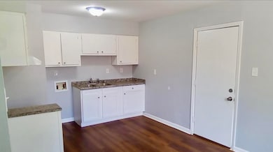 Kitchen featuring dark wood-style floors, a sink, white cabinets, and baseboards