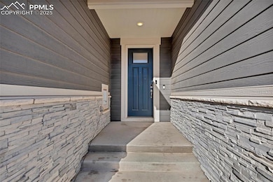 Doorway to property featuring stone siding