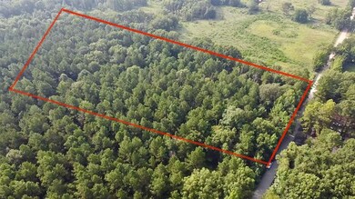 Aerial view of property and surrounding area with property boundaries highlighted and a heavily wooded area