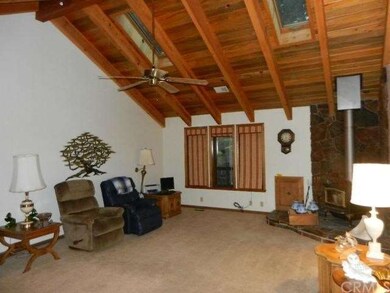 Spacious living room with rock hearth, skylights &
