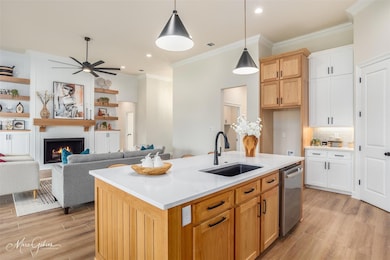 Kitchen with a fireplace, stainless steel dishwash