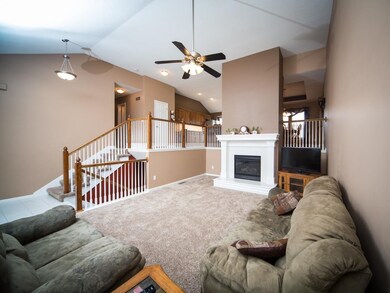 Living Room- Carpet, Ceiling Fan, Vaulted Ceiling,