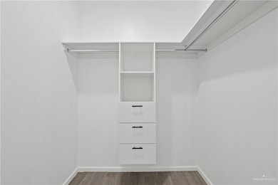 Walk in closet with wood finished floors