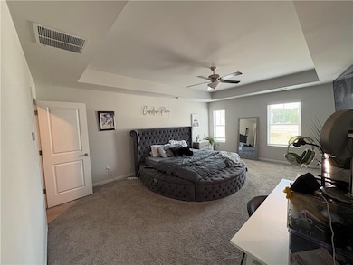 Carpeted bedroom featuring a tray ceiling, baseboards, and ceiling fan