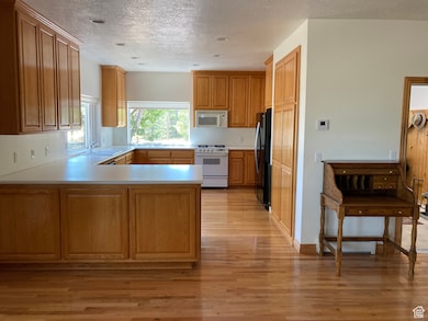 Kitchen with a peninsula, light wood-type flooring, white appliances, light countertops, and a textured ceiling