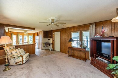 Carpeted living room with ceiling fan, wood walls,