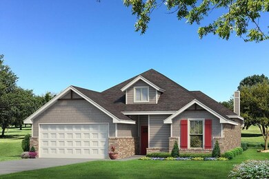 Craftsman house featuring a front yard, an attached garage, brick siding, concrete driveway, and a chimney