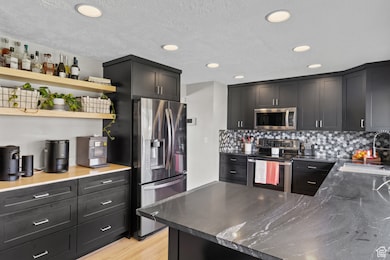 Kitchen with stainless steel appliances, open shelves, dark cabinets, light wood-style floors, and tasteful backsplash