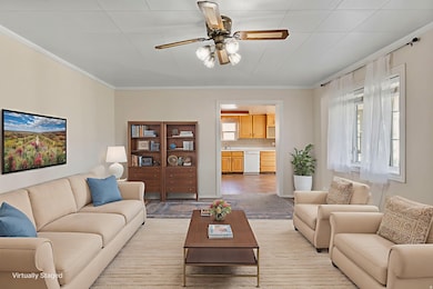 Virtually staged Living room with ceiling fan and ornamental molding