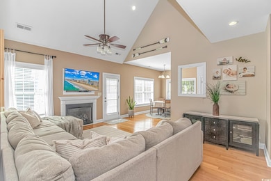 Living room featuring a healthy amount of sunlight, ceiling fan, and light hardwood / wood-style floors