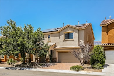 View of front of property with stucco siding, sola