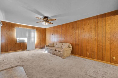 Unfurnished living room featuring carpet floors, a ceiling fan, and wooden walls