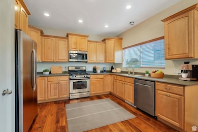 Kitchen featuring appliances with stainless steel finishes, a sink, light brown cabinetry, dark wood-style floors, and dark countertops